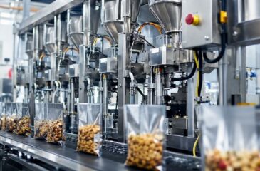 Automated turnkey food packaging line filling and sealing stand-up pouches in a food manufacturing facility