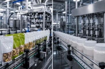 Rigid vs flexible packaging comparison showing stand-up pouches and plastic containers on automated packaging lines