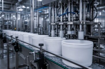 Automated rigid packaging line filling plastic containers on a high-speed manufacturing production line