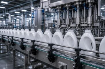Rigid packaging production line filling plastic bottles on an automated high-speed manufacturing system