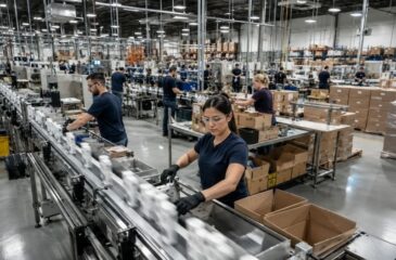 Packaging operations team managing product assembly, packaging, and quality control on a high-volume production line