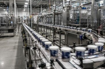 Large scale packaging operation running high-speed container packaging on automated production lines
