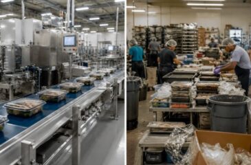 Turnkey food packaging operation combining automated meal packaging equipment and manual food assembly processes