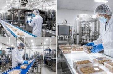 Food grade toll processing operation with technicians performing quality control and packaging in a certified manufacturing facility
