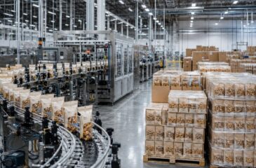 Food grade toll processing facility packaging products on automated production lines with palletized inventory ready for distribution