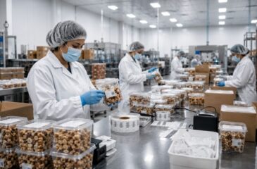 Toll manufacturing team performing product packaging, labeling, and quality control in a food-grade production facility