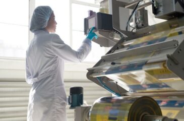 Technician operating automated contract packaging equipment in production facility