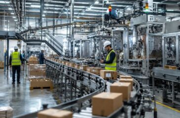Large scale packaging facility with automated conveyor systems, packaging equipment, and warehouse operations
