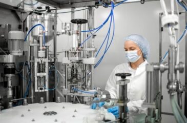 Technician operating outsourced packaging equipment in controlled production facility