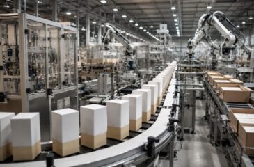 Automated consumer goods packaging line using robotic systems and conveyor equipment for high-volume product packaging