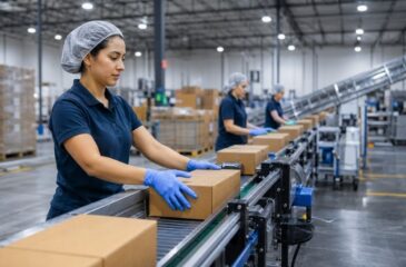 Workers managing product packaging on a turnkey food packaging production line in a food manufacturing facility
