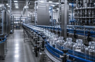 Contract manufacturer operating an automated bottle filling and packaging line in a production facility